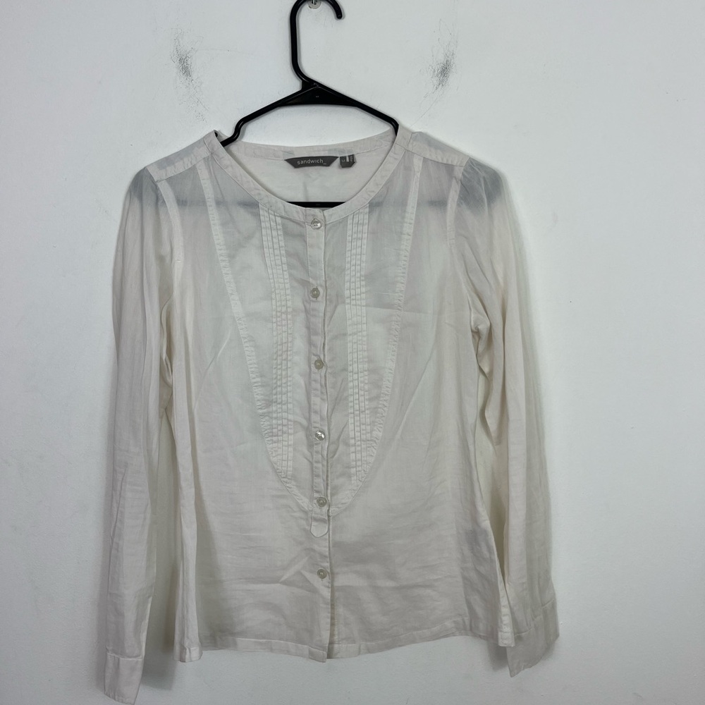 Sandwich_ White Pleated Cotton Button Down Blouse Sz XS
